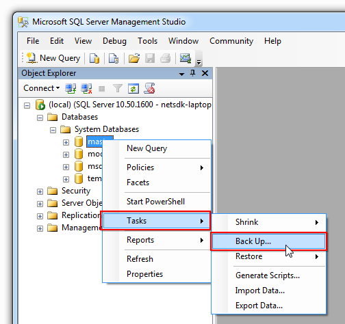 SQL Management Studio -> Tasks -> Back Up