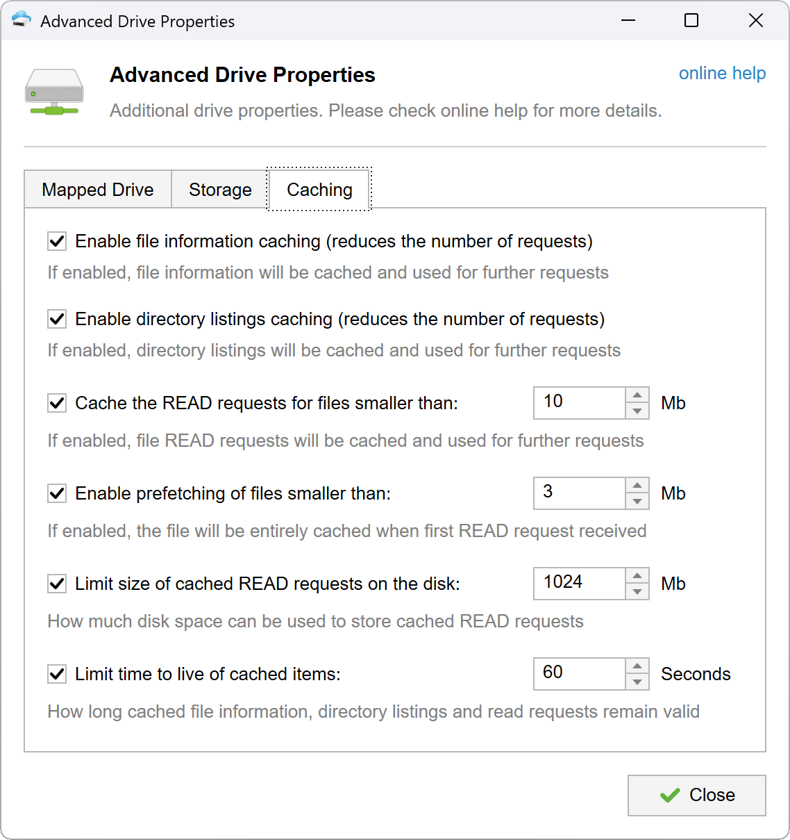 Tntdrive Advanced Drive Properties - Caching advanced drive properties