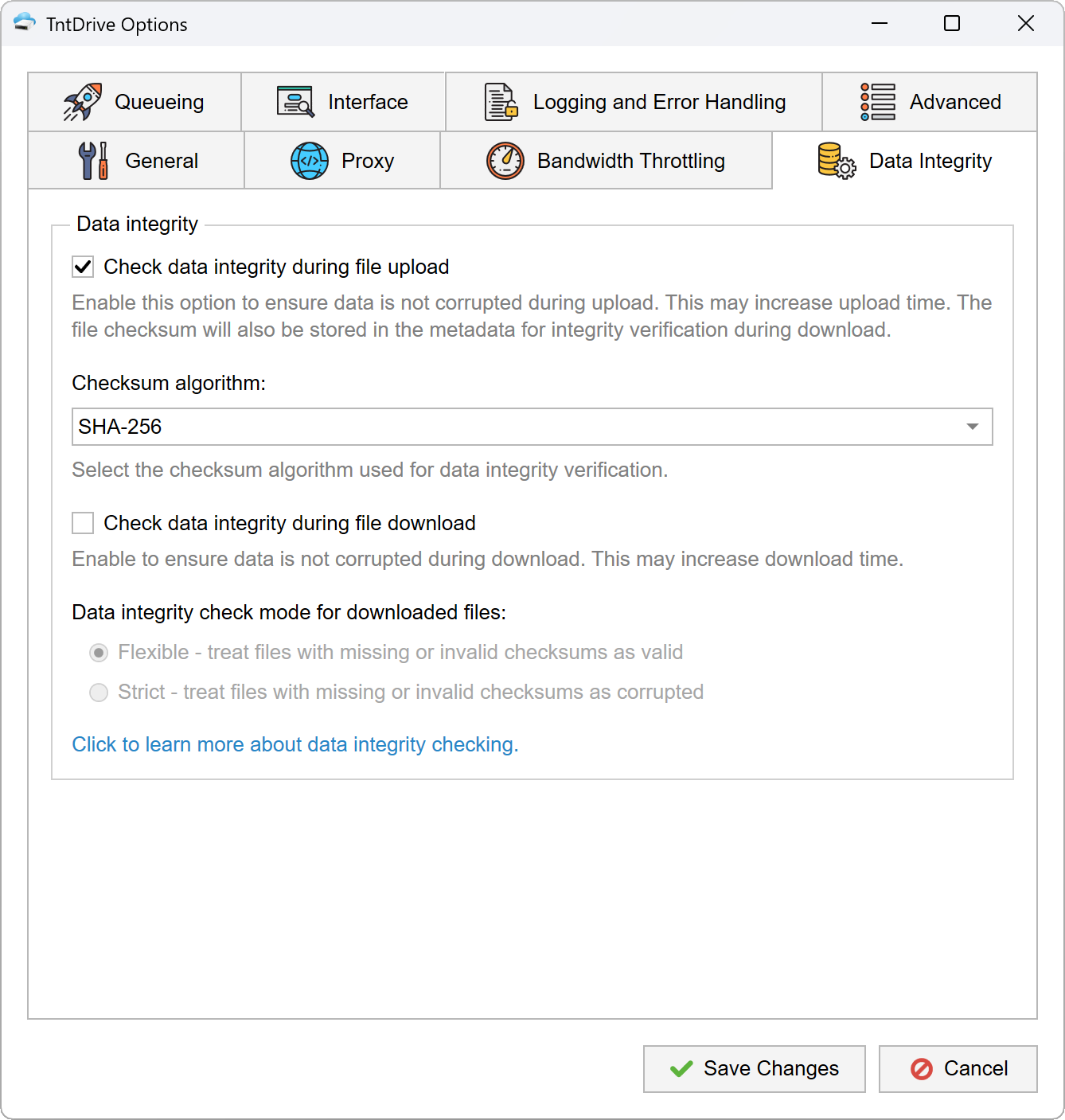 Tools, Options, Data Integrity TntDrive Options