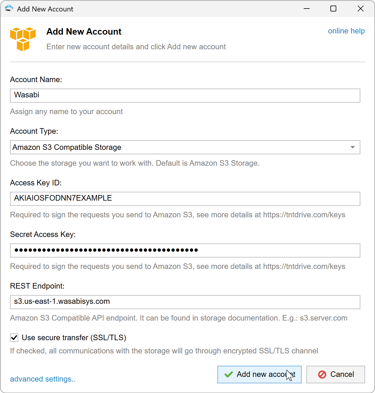 Add an Amazon S3 compatible storage account in TntDrive