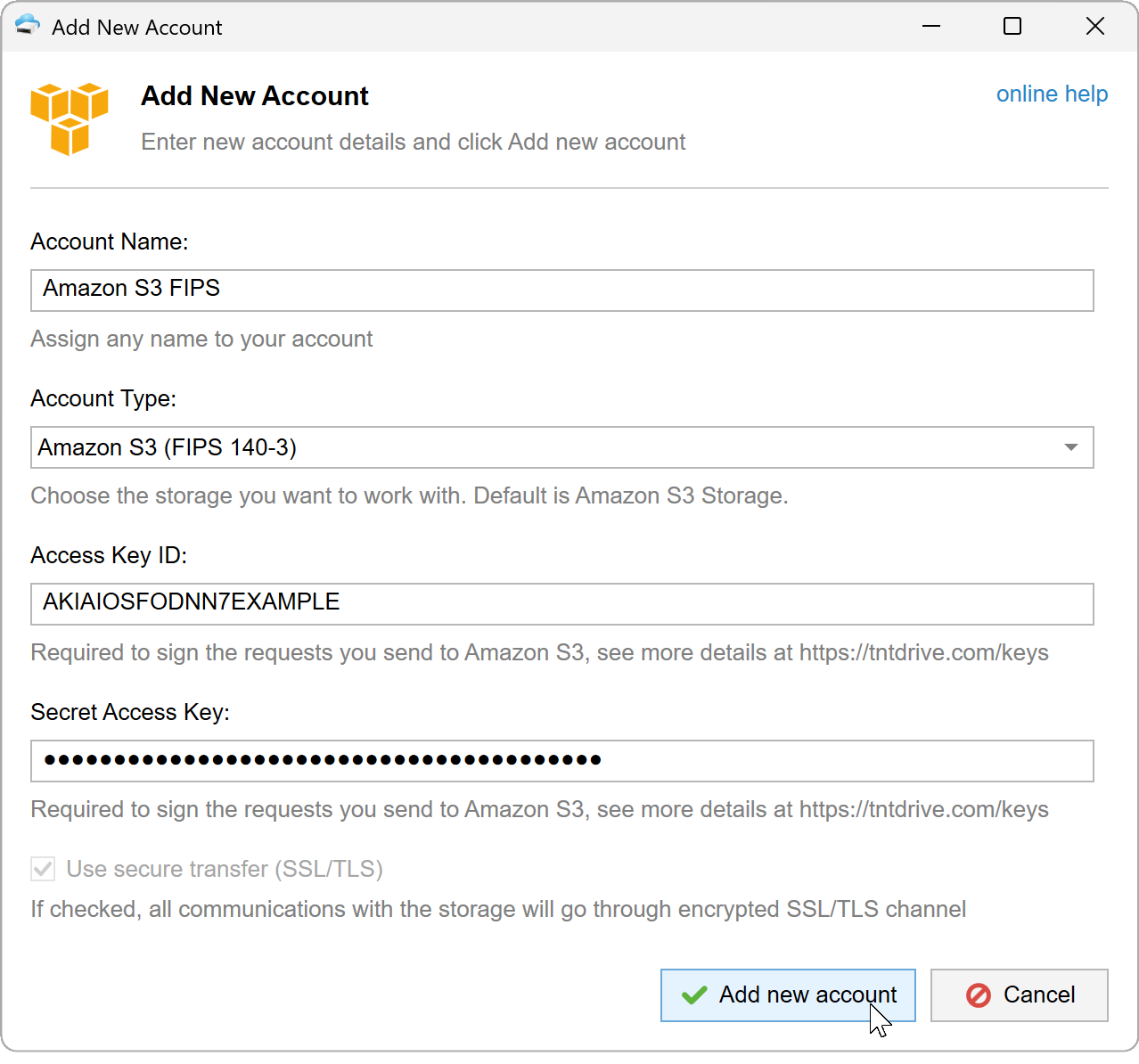 Add an Amazon S3 FIPS 140-3 account in TntDrive