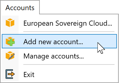 TntDrive Accounts menu with Add new account selected