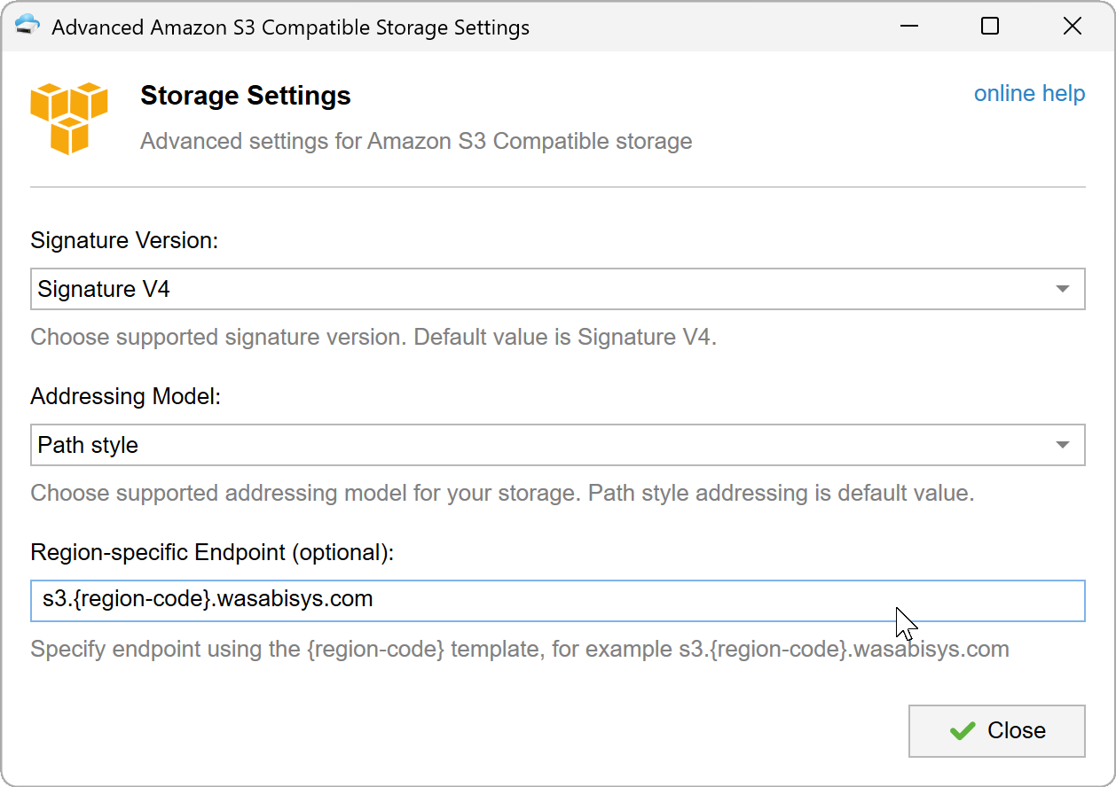 Advanced Amazon S3 compatible storage settings in TntDrive