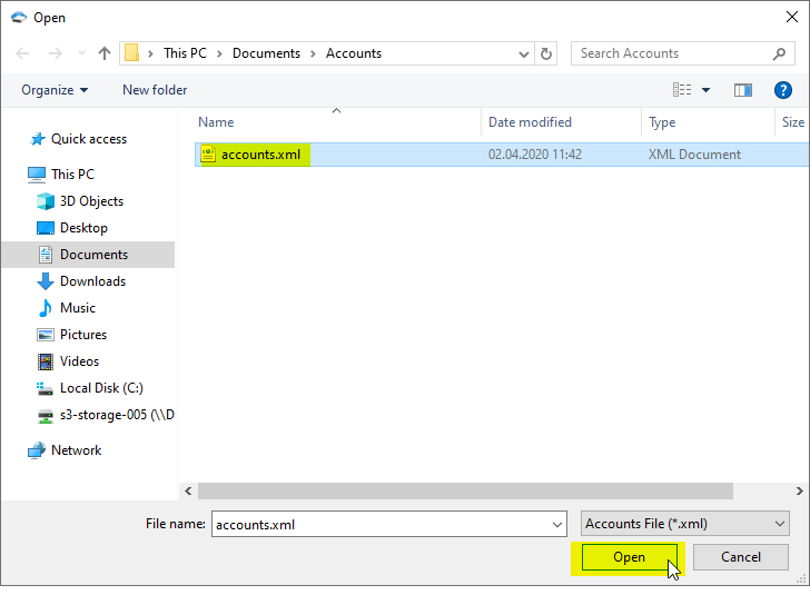 Open file dialog, import storage accounts