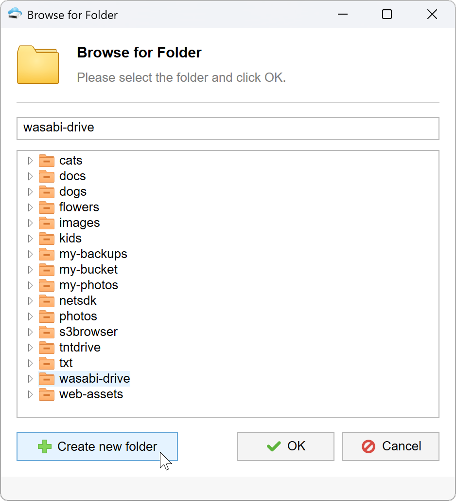 Create new folder button in the Browse for Folder dialog