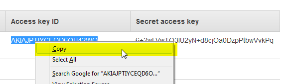 copy access key id and secret access key