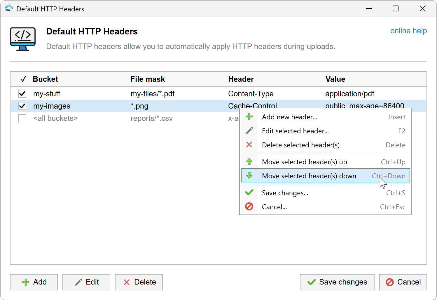 Default HTTP Headers context menu with rule ordering commands