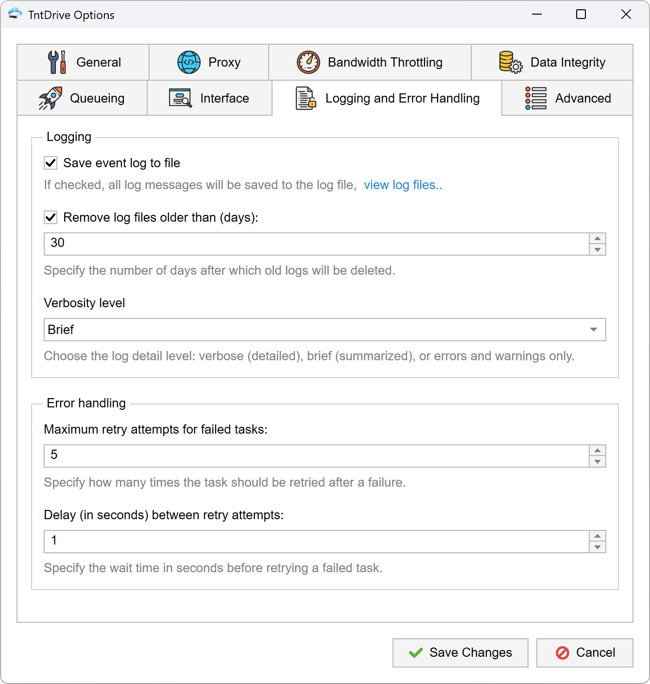 TntDrive Logging and Error Handling Options